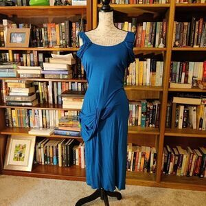 Heikejarick open back knit draped cold shoulder  blue dress size 8 nwot